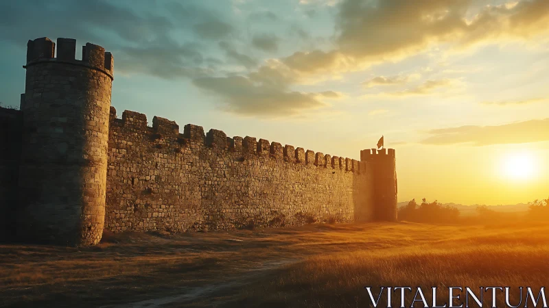 Golden hour over quiet castle walls in open fields.