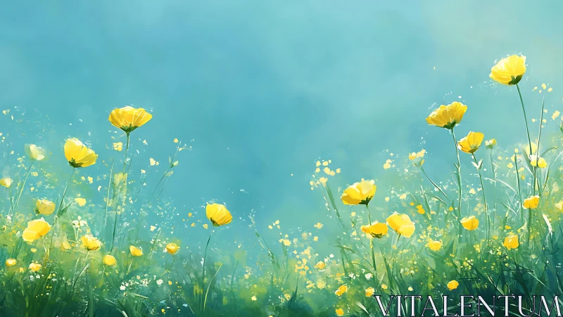 Yellow flowers bloom across verdant meadow under clear turquoise sky