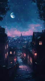 Moonlit hilltop alley descends into glittering dream city.