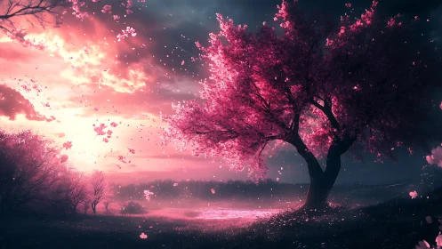 High-contrast cherry tree silhouette under luminous magenta sky