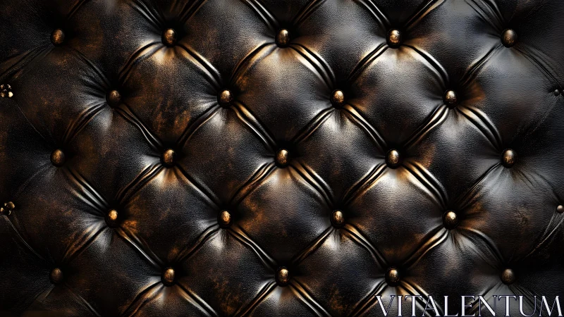 Luxurious tufted black leather upholstery with gold accents, vintage style.