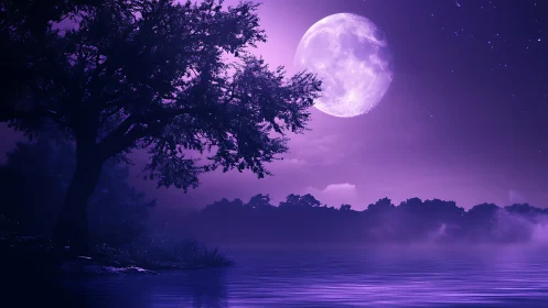 Lunar-lit lacustrine silhouette under violet spectral sky.