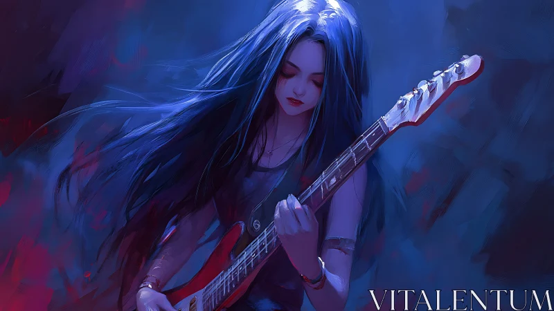 Blue-lit guitarist rendered in high-saturation digital brushwork