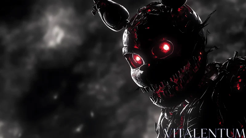 Damaged animatronic rabbit with exposed endoskeleton and red cores