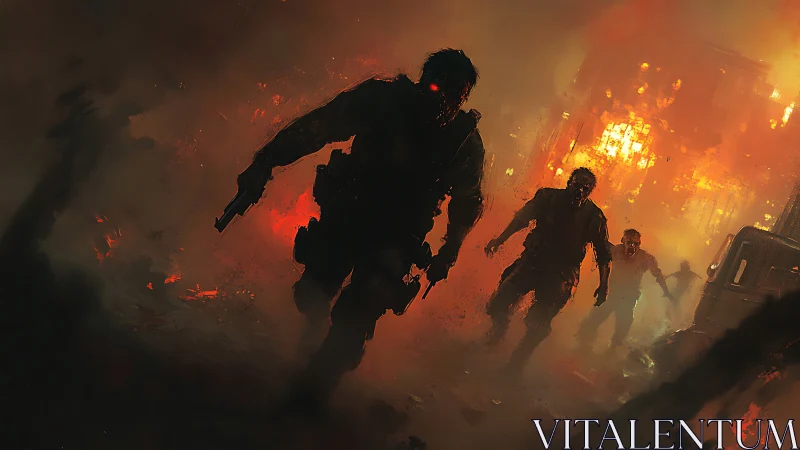 Armed survivor advances through burning zombie-infested city.