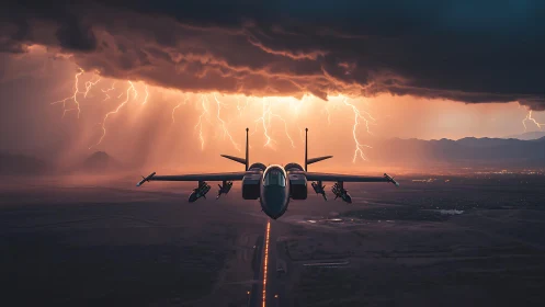Strike fighter jet aligned with runway under electric storm.