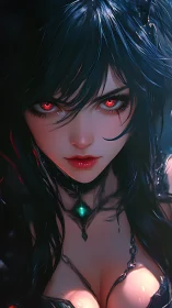 Digital portrait depicts close frontal view of red-eyed woman