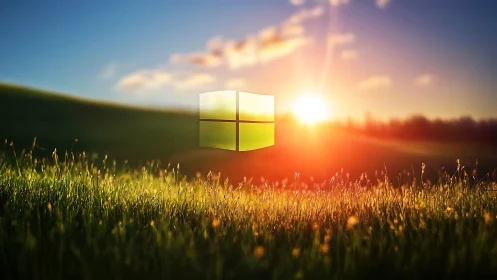 Windows logo over grassy field with bright sunset light.