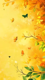 Vertical illustration shows foliage and butterflies in yellow field