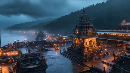 Riverside temple complex at dusk under overcast sky.