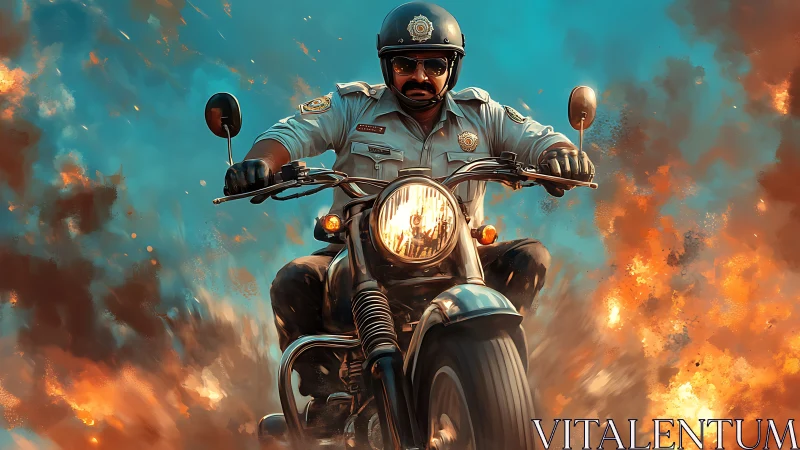 Motorcycle cop rides through exploding fiery background