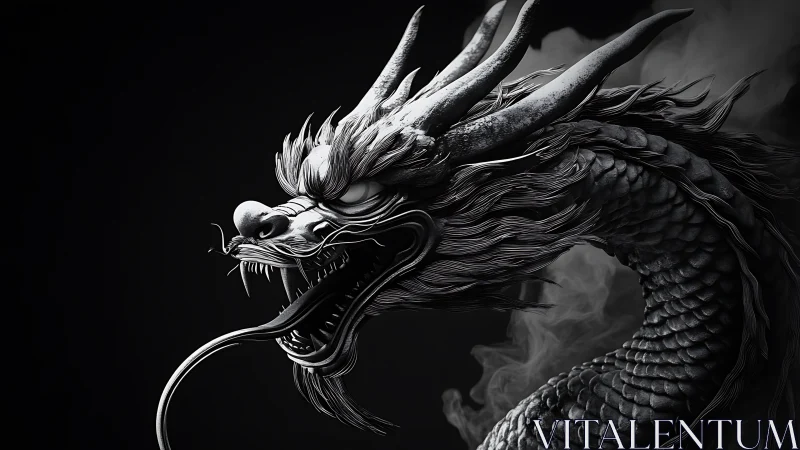 Monochrome draconic bust with volumetric smoke rendering.
