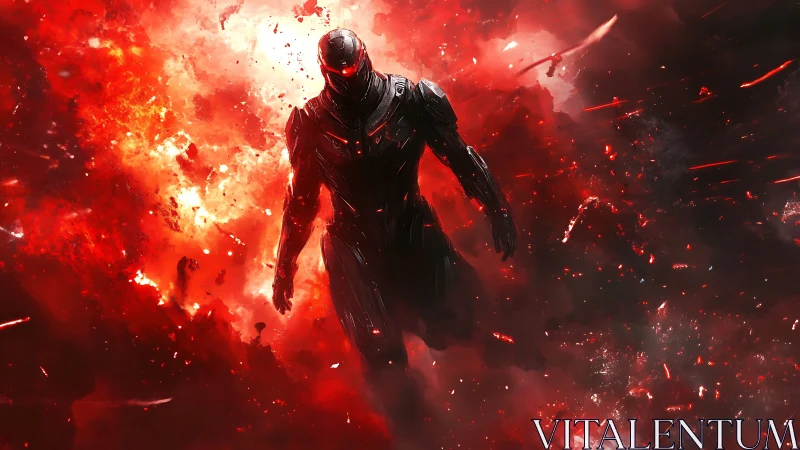 Armored cyber warrior strides through explosive red inferno.