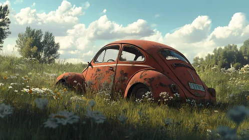 Weathered red car shell sits abandoned in tall meadow