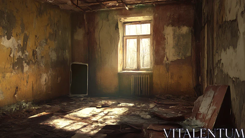 Sunlit window illuminates deteriorated interior surfaces