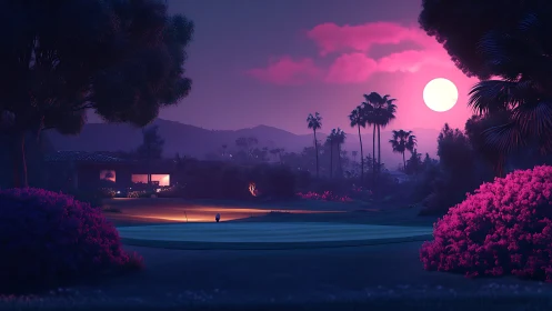 Neon dusk golf green under magenta sun with palm silhouettes