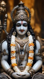 Graceful Hindu deity statue in serene golden temple glow.