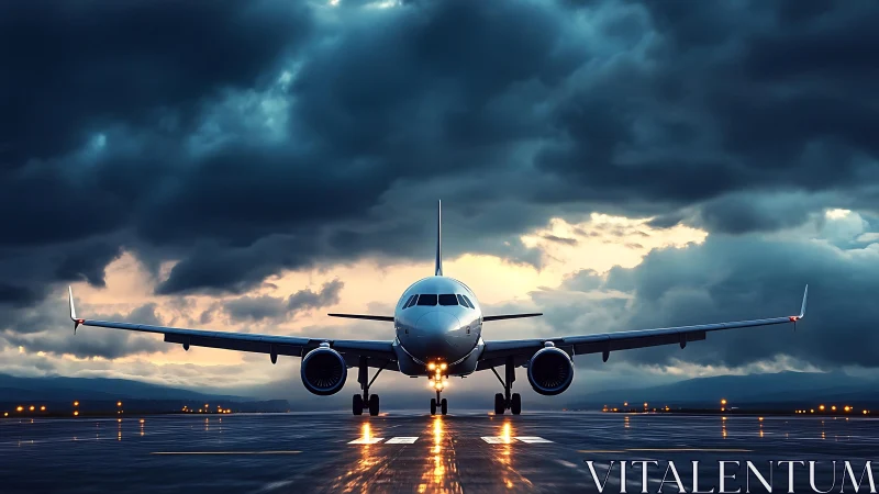 Airliner on wet runway under storm clouds in cinematic lighting
