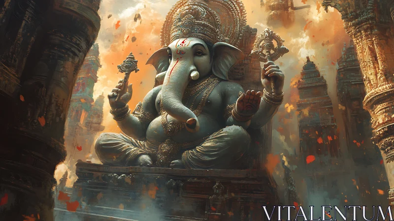 Majestic Ganesha idol dominates fiery temple courtyard.