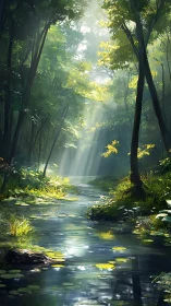 Tranquil Forest Stream with Dappled Sunlight.