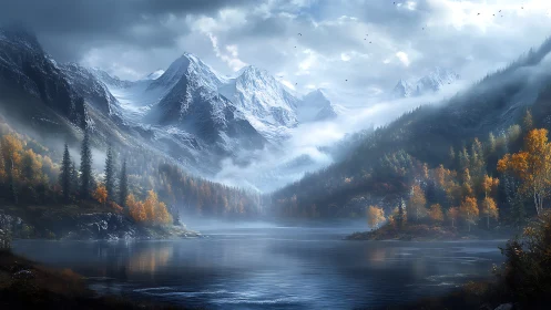 Snowcapped mountains rise above a misty autumn lake scene.