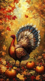 Turkey with pumpkins in dense autumn foliage scene.