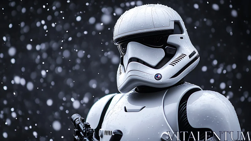 Armored sci fi trooper stands in falling winter snow.
