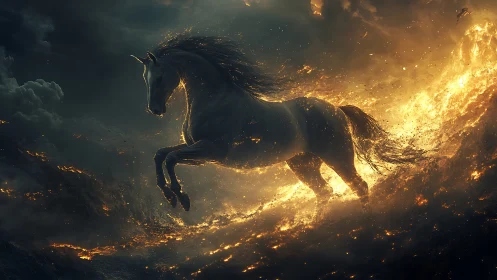 Fiery storm horse charges through glowing embers and night