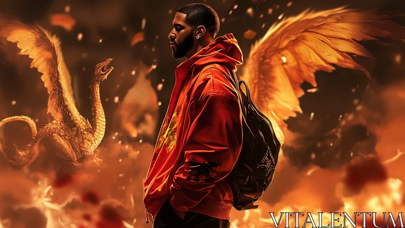 Solitary figure in orange jacket amid fiery winged forms.