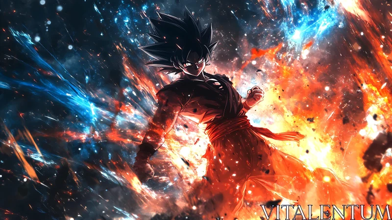 Fiery anime warrior stands within exploding cosmic energy field