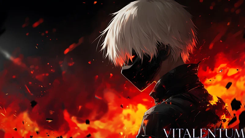 Masked firewalker turns his back on a burning neon dusk.