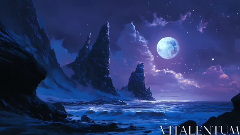 Moonlit Coastal Spires: Nocturnal Fantasy Landscape.