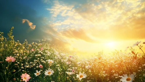 Sunrise pours gold over a wildflower meadow in bloom.