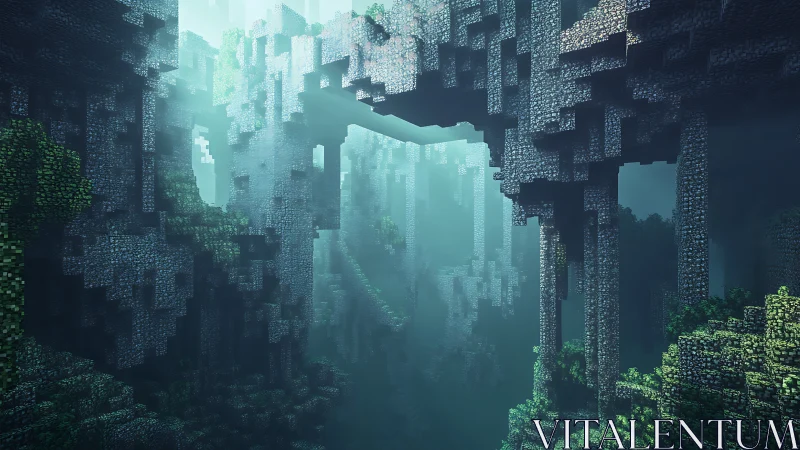Voxel ruins drift through a mist-drowned emerald chasm