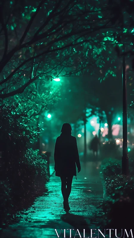 Silhouette walks down wet city path under teal streetlights