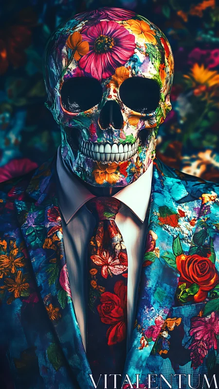 Floral skull portrait in vivid patterned suit and tie.