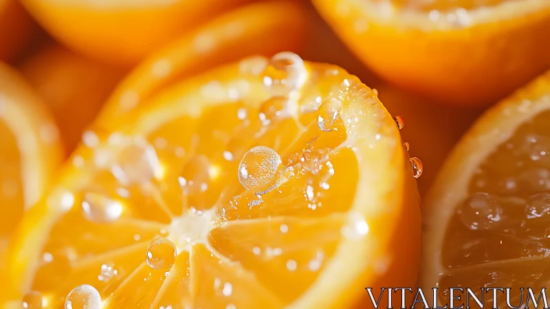 Juicy orange halves glisten under bright, refreshing light.