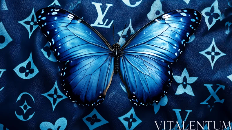 Blue butterfly resting on patterned midnight silk dreamscape.