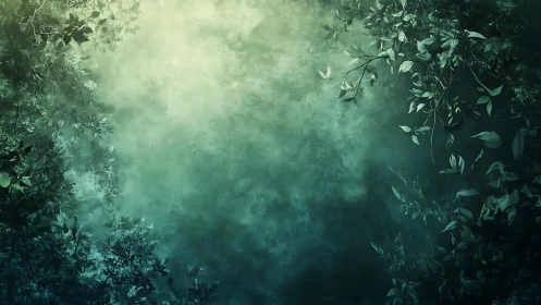 Atmospheric botanical vignette with radial mist gradient framing.