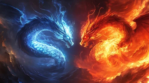 Elemental ice and fire dragons collide in blazing combat.