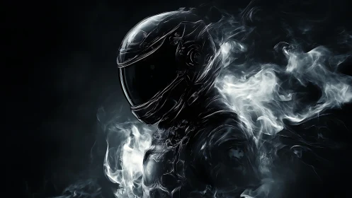 Solitary helmeted figure in smoke against dark void backdrop.