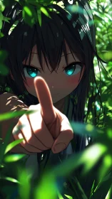 Curious girl with bright teal eyes reaches through lush leaves