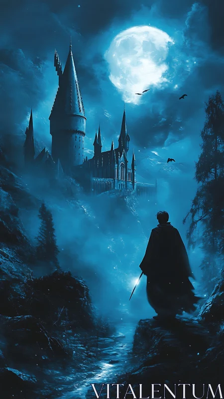 Moonlit wizard’s walk toward a distant enchanted castle.