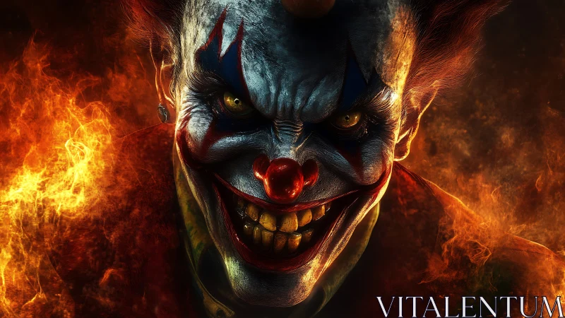 Grotesque clown portrait is framed by surrounding flames