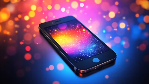 Smartphone on glowing bokeh background with vivid colors.