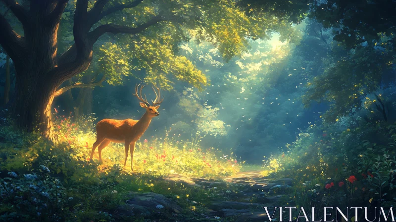 Majestic Deer in Sunlit Enchanted Forest, Digital Fantasy Art.