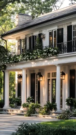 Photorealistic neoclassical facade with columned porch symmetry.