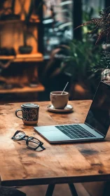 Calibrated café workstation with laptop, eyewear, and hot drinks.