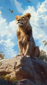 Digital rendering shows lioness on rocky outcrop beneath sky