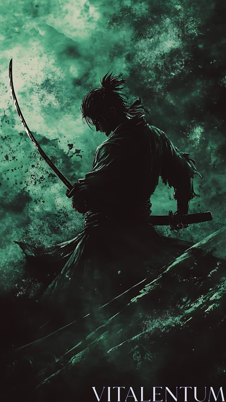 Lone samurai calmly readies a katana under swirling skies